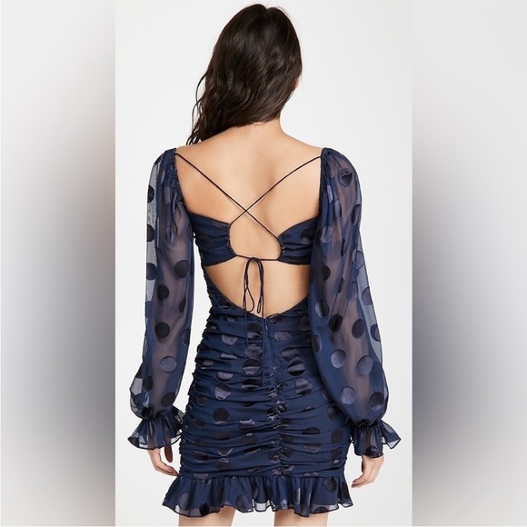 For Love And Lemons Lula Mini Dress Ruched Ruffle Navy Blue Dot Long Puff Sleeve - Picture 11 of 16